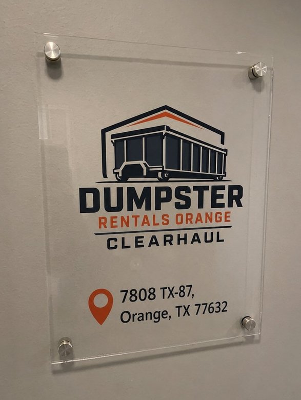 Dumpster Rentals Orange Clearhaul office signage showing the address 7808 TX-87